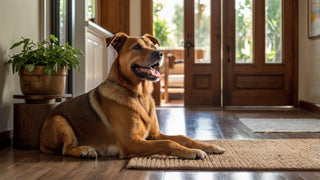 A calm dog sitting by an open front door with a friendly visitor in the background, representing successful bark control.